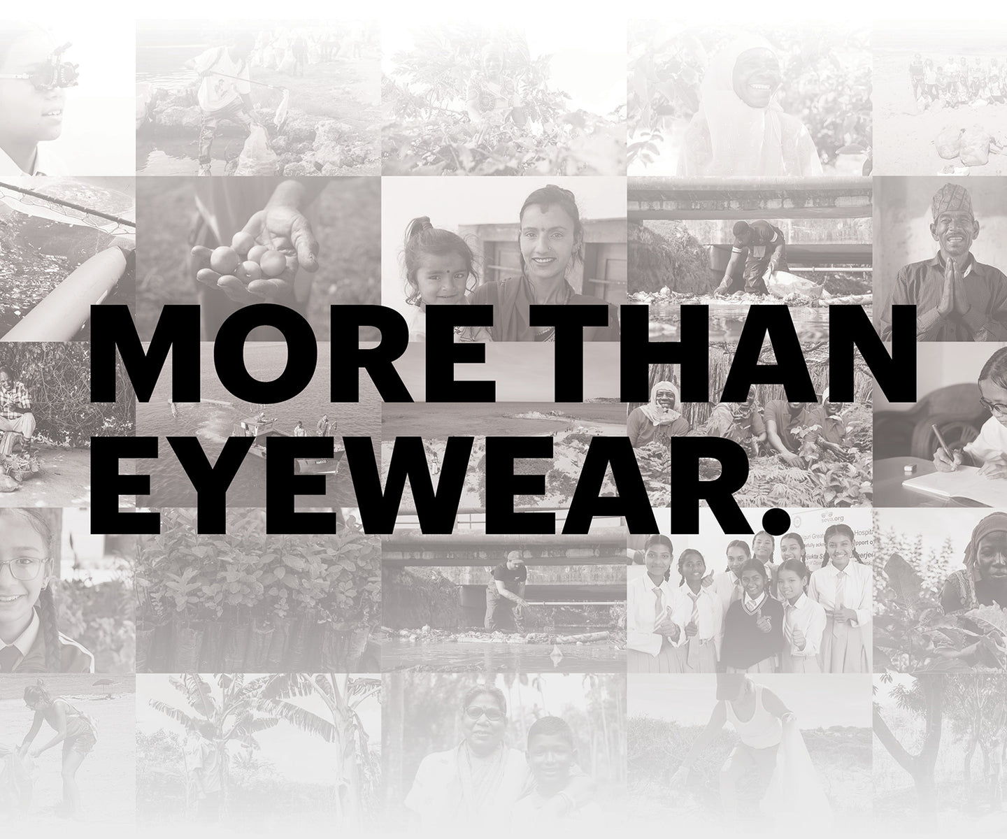 Black and white collage background with bold black headline ‘More than Eyewear’ overlaying the image.