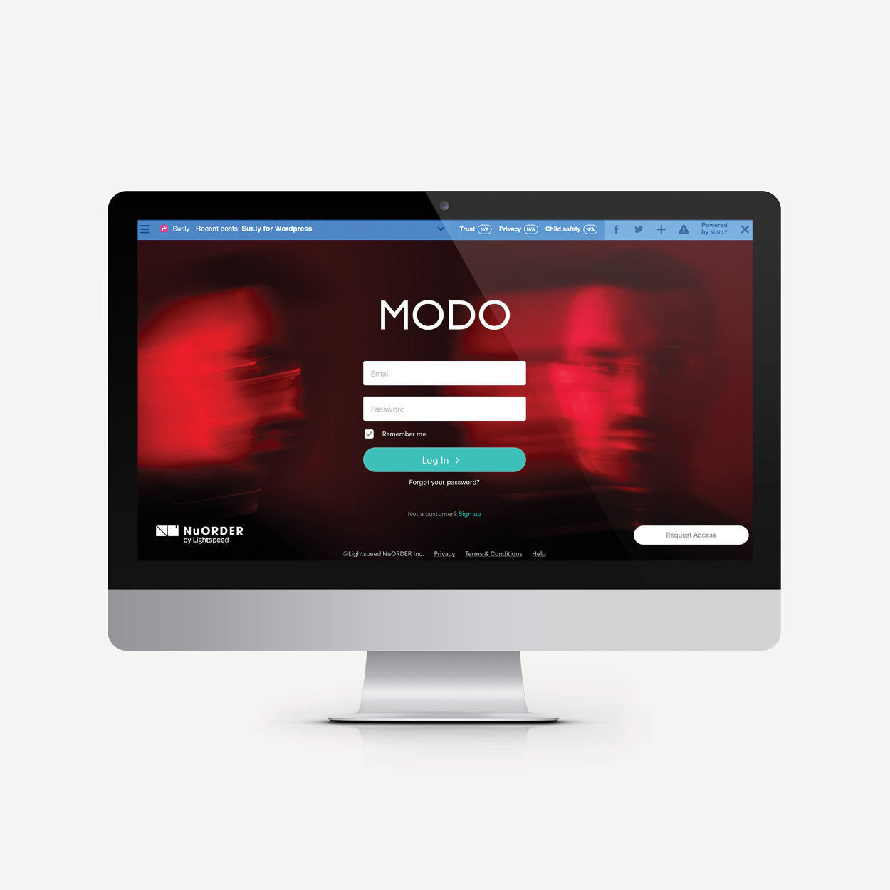 ModoBiz website login page displayed on computer screen mockup – HOUSE of MODO business software.
