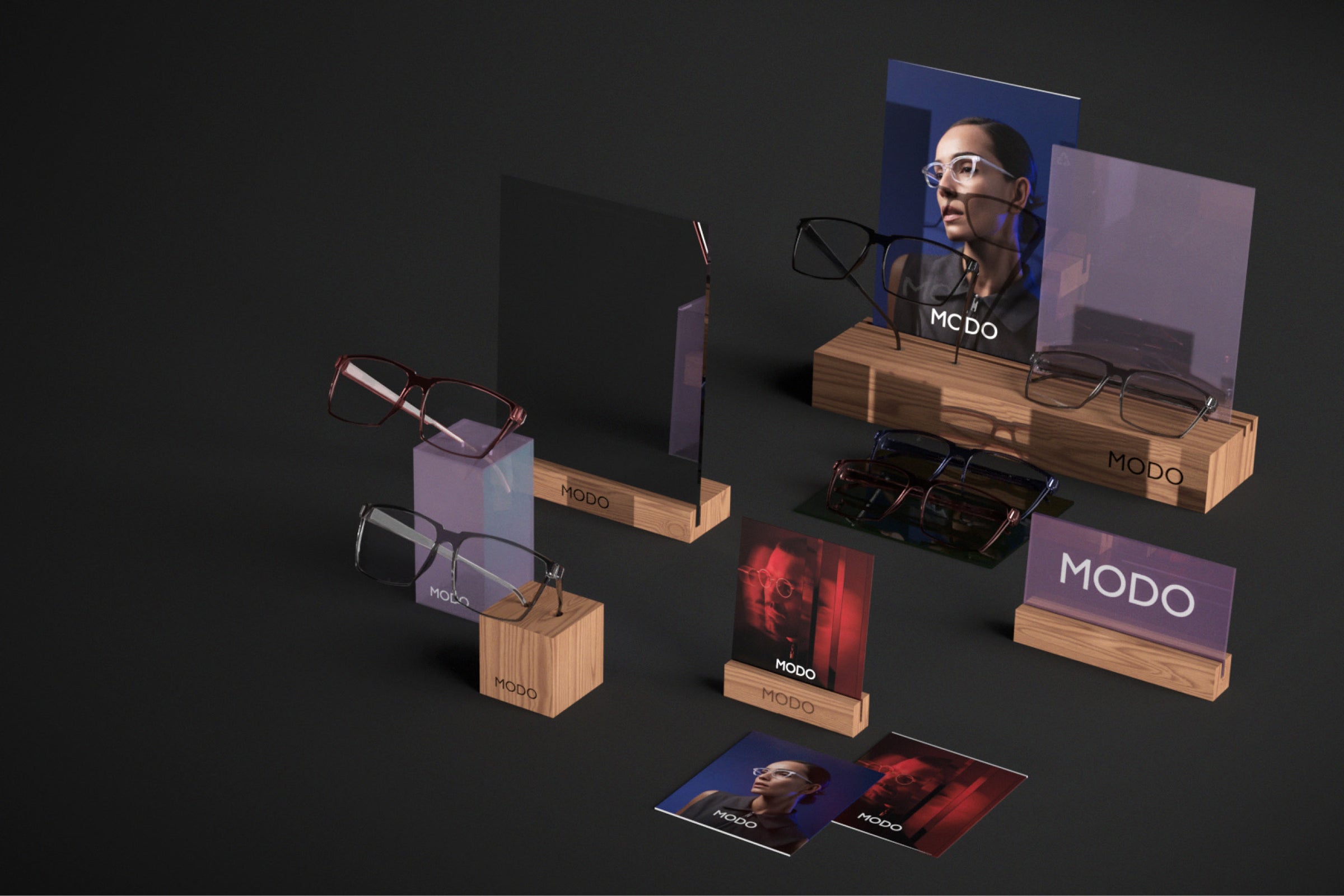 3D overview of MODO Eyewear retail displays, including brand plaque, mirror, and counter cards.